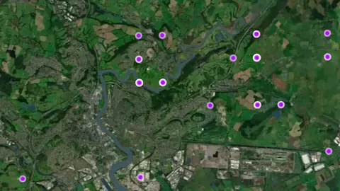 Roman Finds in Wales, drawn over satellite imagery