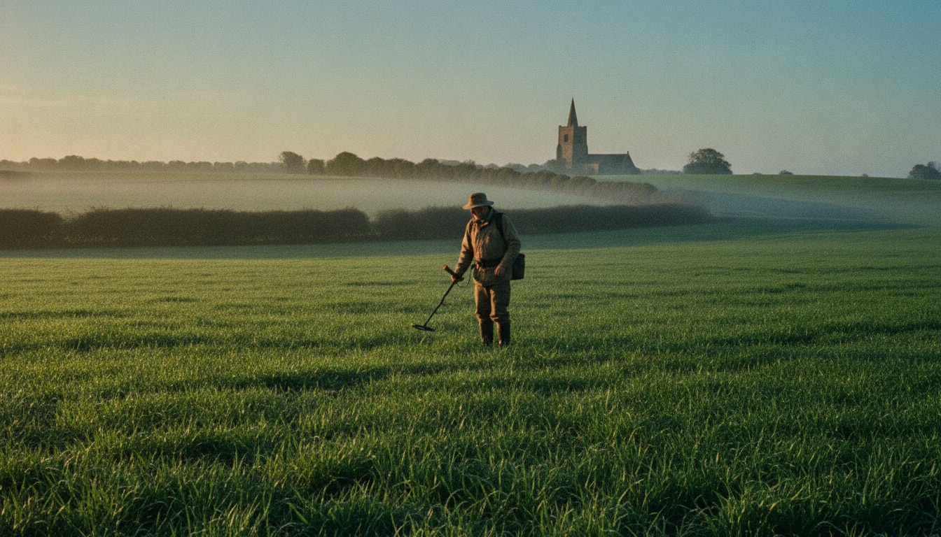 Metal detecting in a green Norfolk field at sunrise