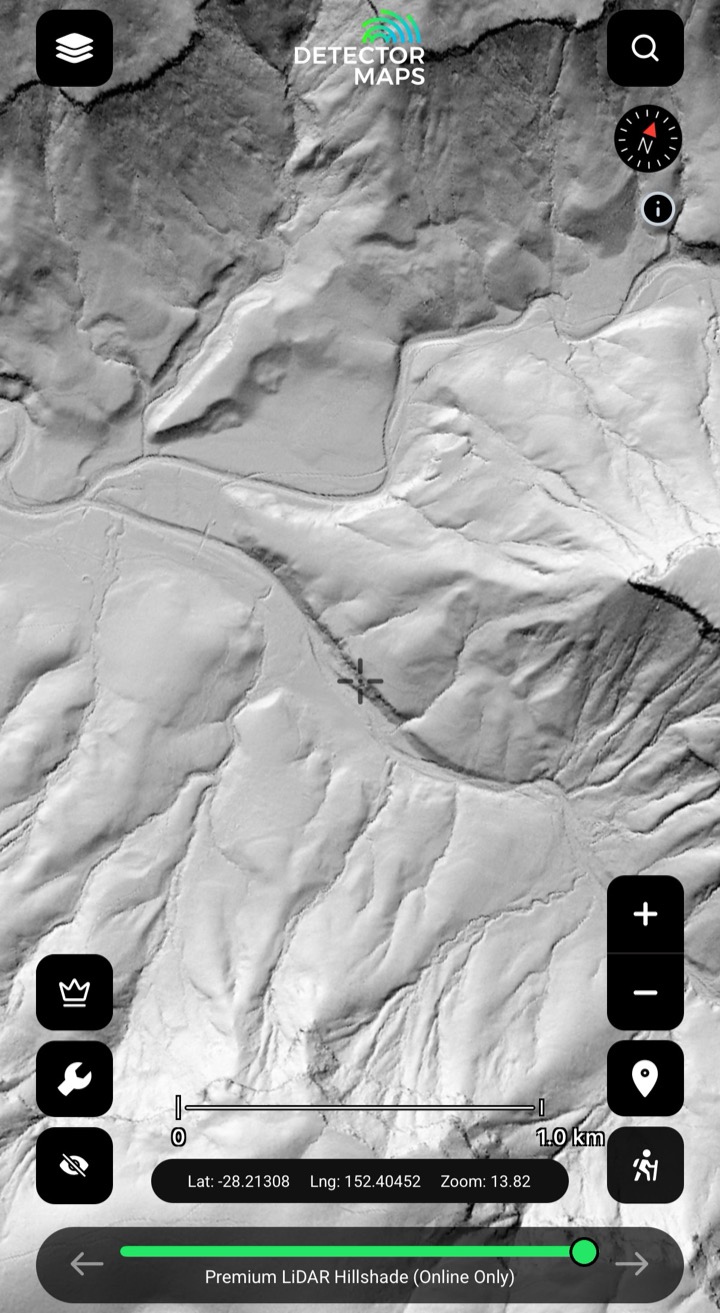 Queensland LiDAR hillshade in the Detector Maps app