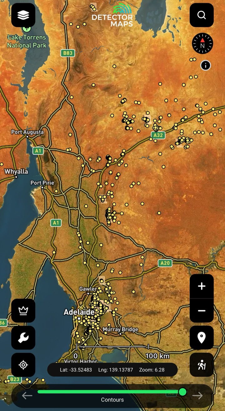 Historic gold occurrences across South Australia in the Detector Maps app