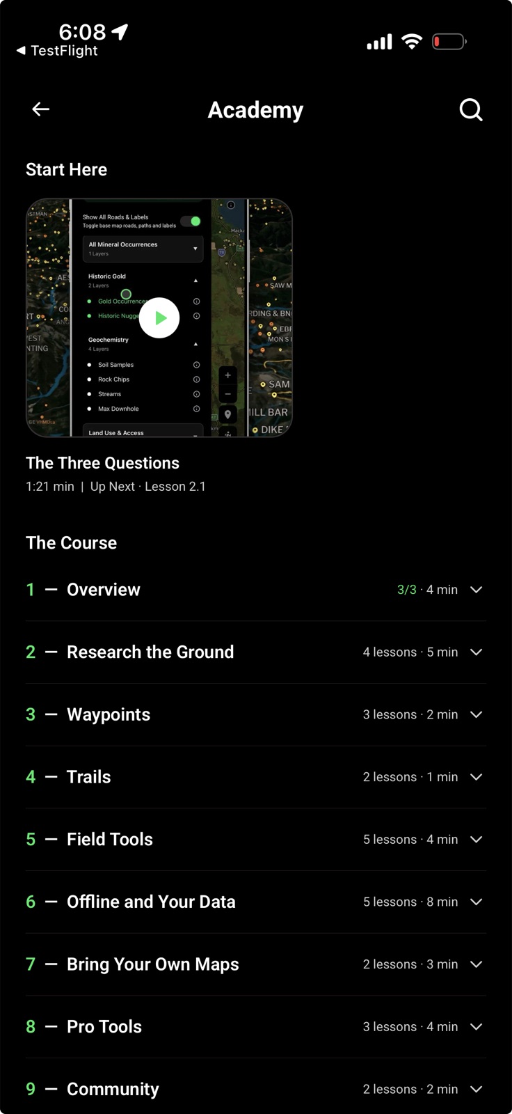 The Academy — 9 chapters, 34 lessons in the Detector Maps app
