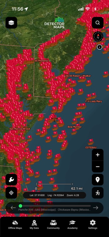Shipwrecks in the Detector Maps app