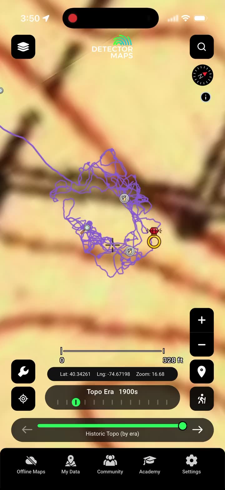 Live GPS breadcrumb trail over an 1892 map in the Detector Maps app