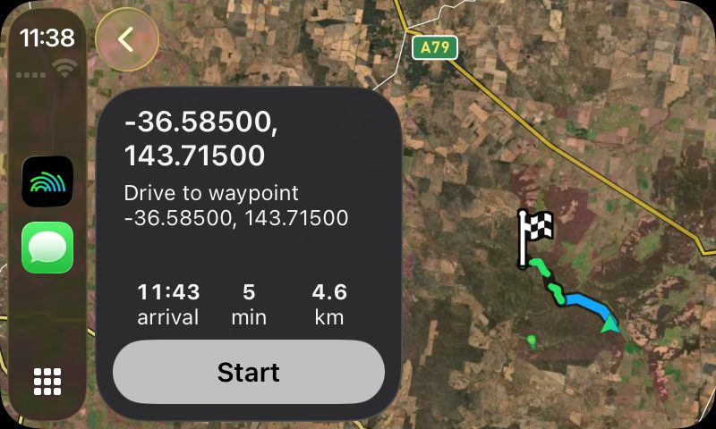 Detector Maps on CarPlay, driving to a waypoint