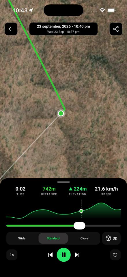 Trail replay: time, distance, elevation and speed under the map